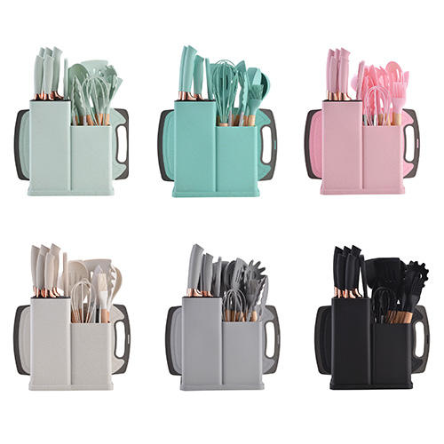 Hot Sale 2024 Kitchenware 19 Pieces Silicone Kitchen Utensil Set With Knife Set Chopping Board Holder