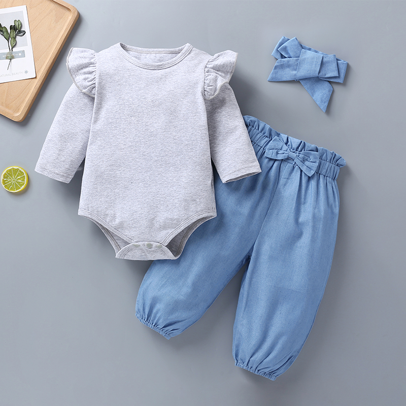 OEM ODM autumn spring long sleeve top  pants  headwear 3 piece set cotton newborn baby clothes romper
