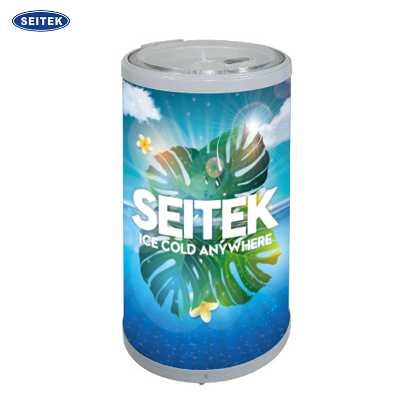 Round sticker customizable top visual door display cold storage system standing free can beverage cooler for shop