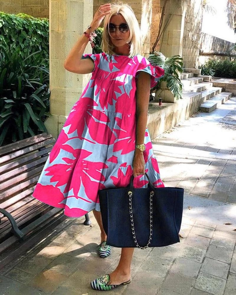 Coldker Women Vintage Floral Print Loose A-Line Dress 2XL Elegant Casual O-neck Short Sleeve Dress 2020 Summer Lady Party Dress