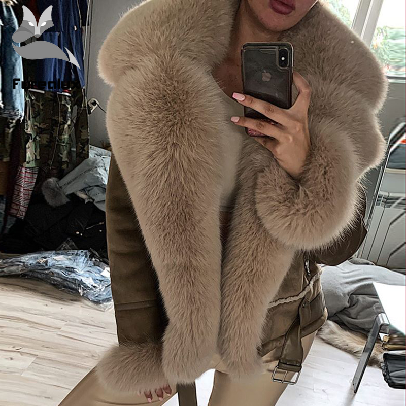 Custom Luxury Real Big Fur Collar Shearling Jacket Winter Women Sheepskin Leather Fur Jacket
