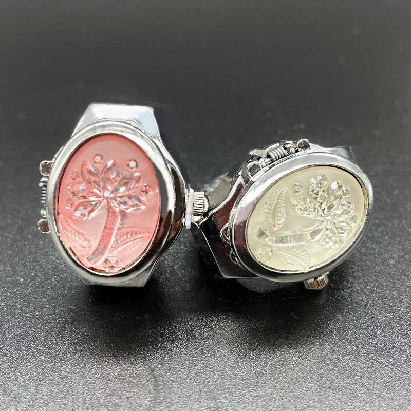 Cute Actual Digital Ring Watch Minimalist Watch Ring Color Gem Flower Stainless Steel Flip Oval Mini Finger Watch Rings