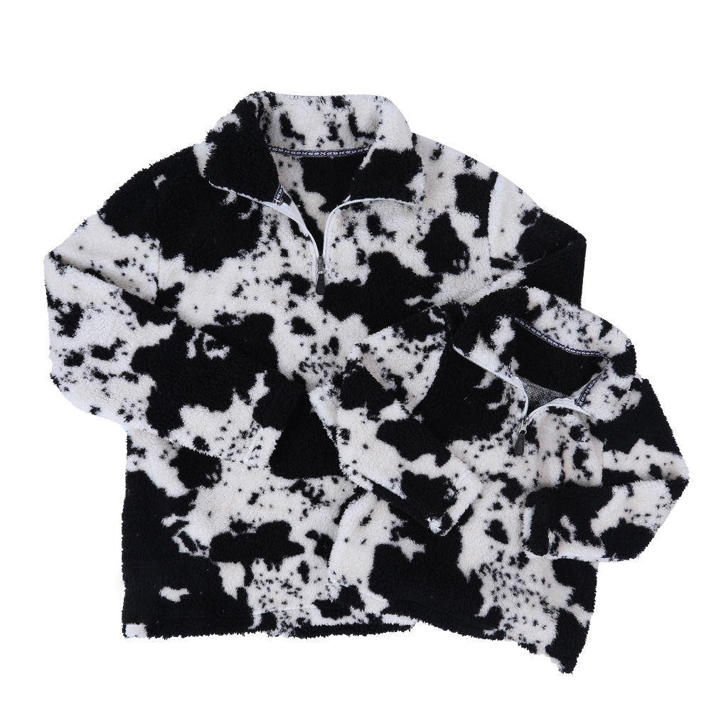 Winter Mommy and Me Kids Girls Boys Cow Print Sherpa Pullover Zipper Thicken Warm Long Sleeve Fleece Women Coat