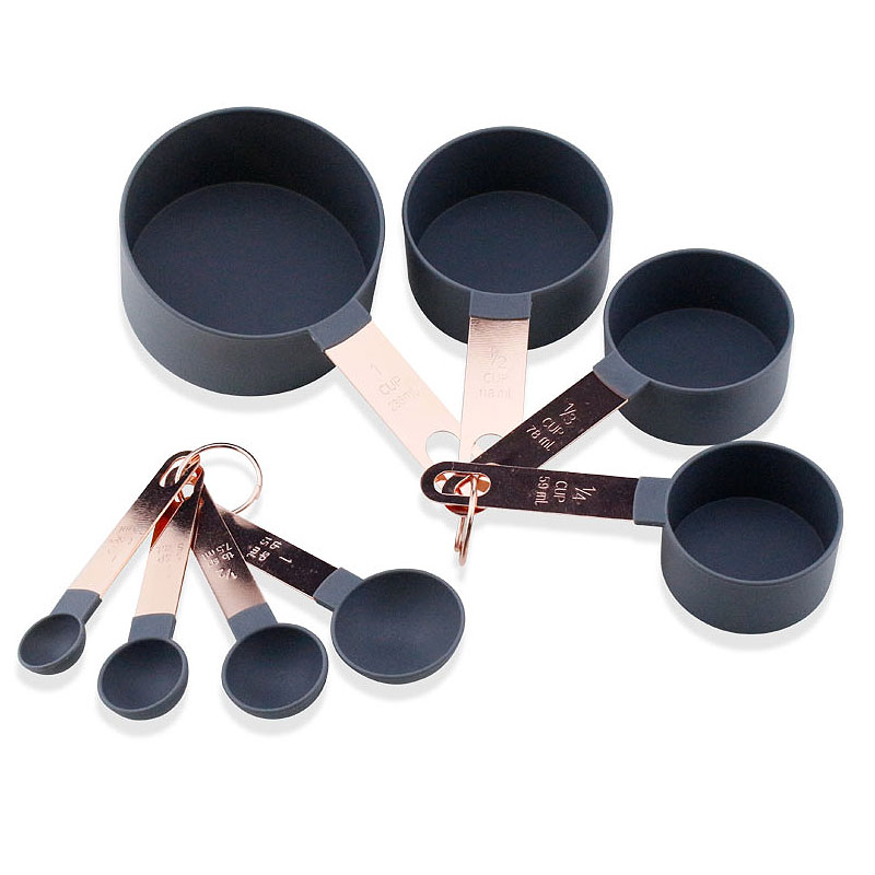 8 Piece Plastic Measuring Spoons and Measuring Cups with Rose Gold Plated Handle Adjustable Stainless Steel Measuring Cups