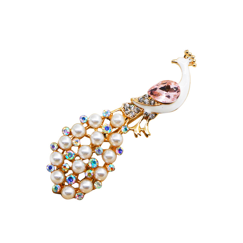 pearl peacock brooch pin for women kids,wholesale colorful crystal enamel animal brooches safety pins corsage jewelry