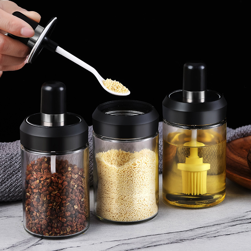 250ml Moisture Proof Leak Proof Condiment Container Glass Seasoning Jar With Spoon Honey Stick Oil Brush