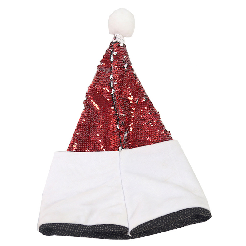 Sublimation Flip Sequin Christmas Hat Santa Claus Hat for Festive Holiday Party wiht Soft Pom Pom