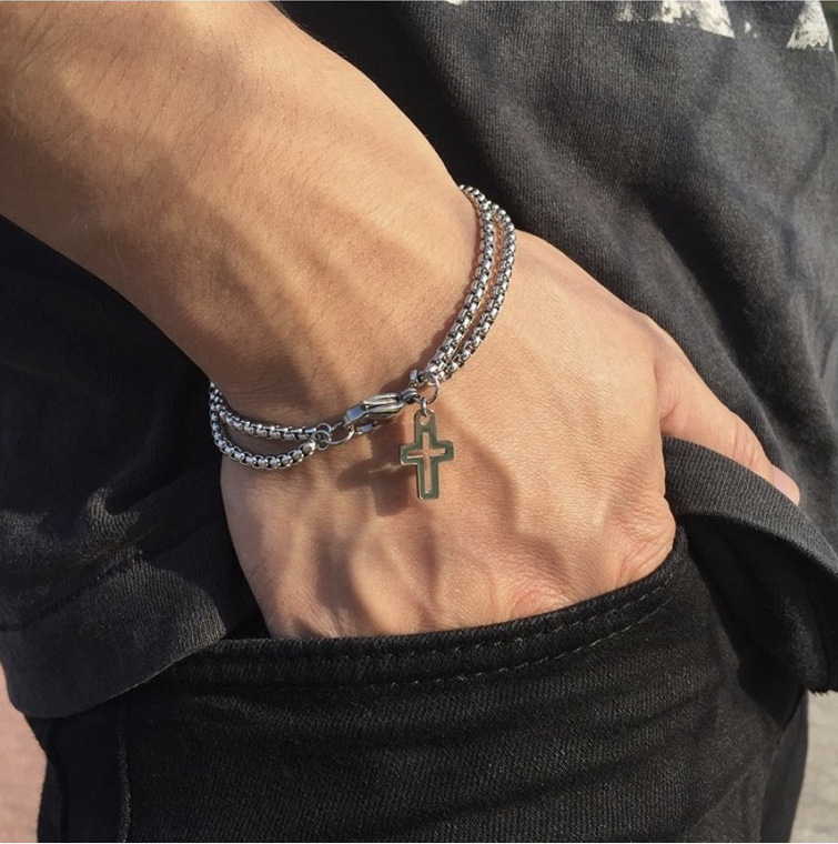 Hand trim fashion cross hollow double chain cross pendant men bracelet charms stainless steel