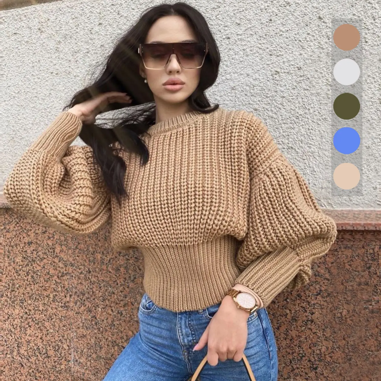 M2008 High quality winter clothes ladies puff sleeve loose pullover knit warm women sweater