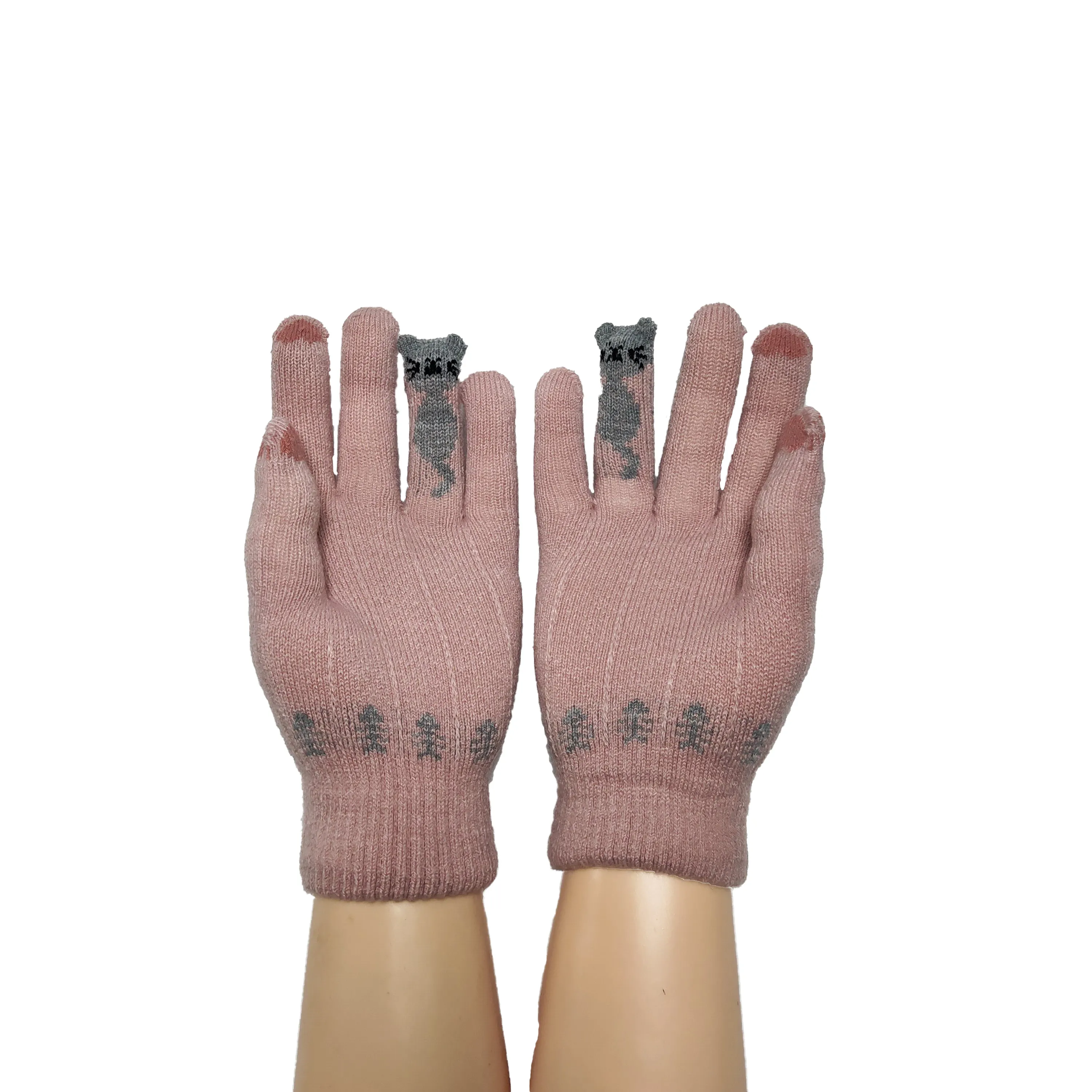 Good quality Touch screen acrylic knitted doubld palm cat cartoon fashion winter hands magic gloves