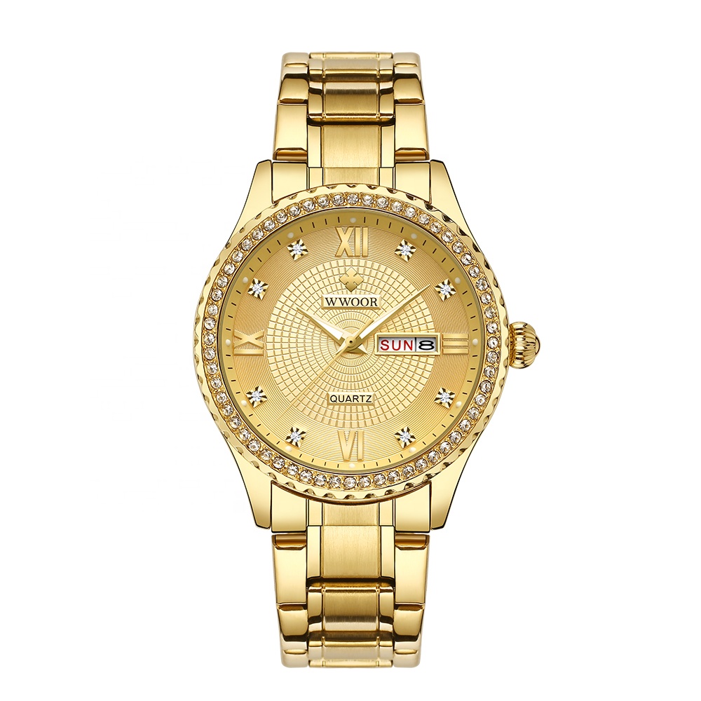 WR 8856M Men Luxury Gold Watch Rhinestone Quartz Wristwatches Business Watches Stainless Steel Relogio Masculino