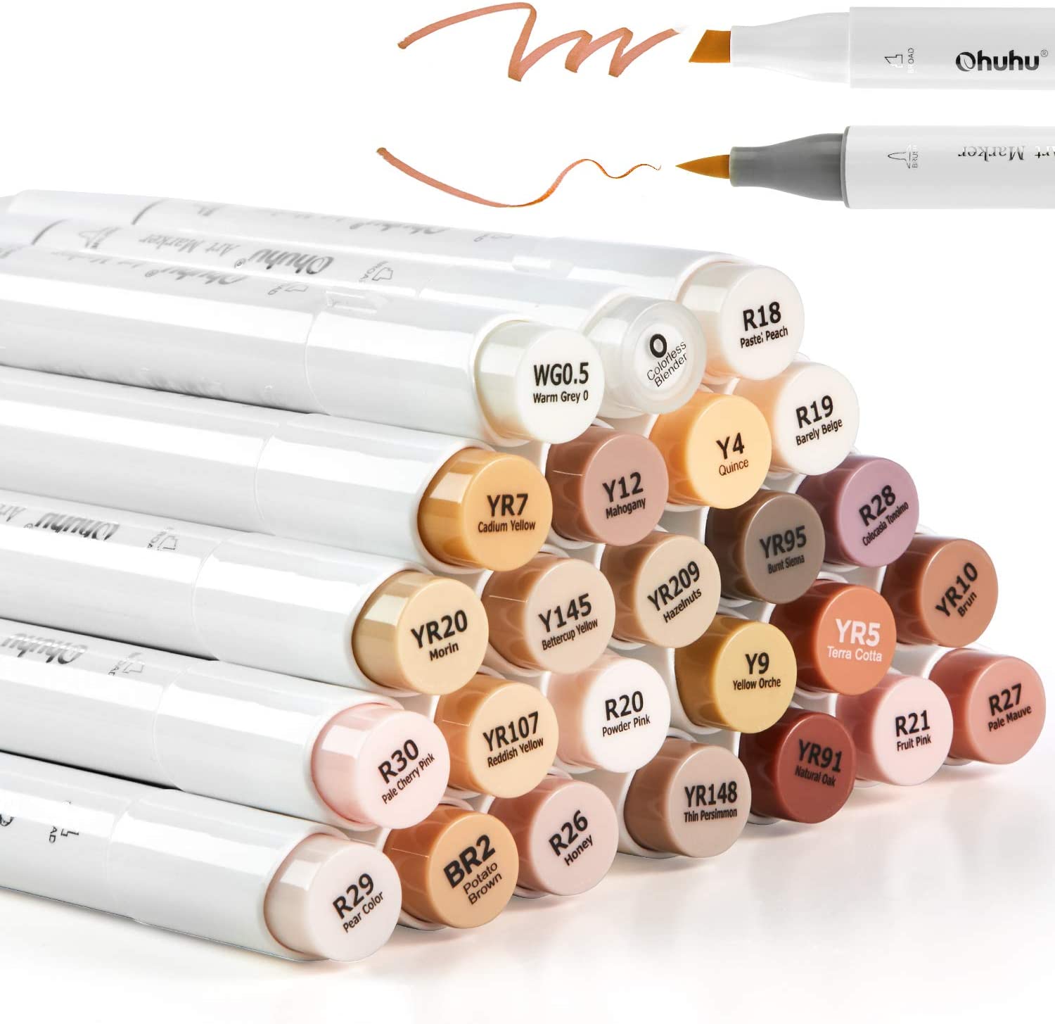 Ohuhu 24 Skin Tone Colors Alcohol Markers Brush & Chisel Sketch Art Marker BONUS 1 Colorless Alcohol Marker Blender