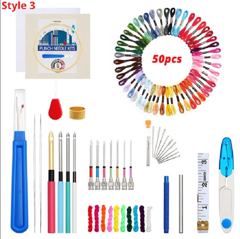 Hot sale in Amazon Poke pin embroidery kit AC263 Punch Needle Kits 50 colors embroidery thread circle cloth Cashmere thread