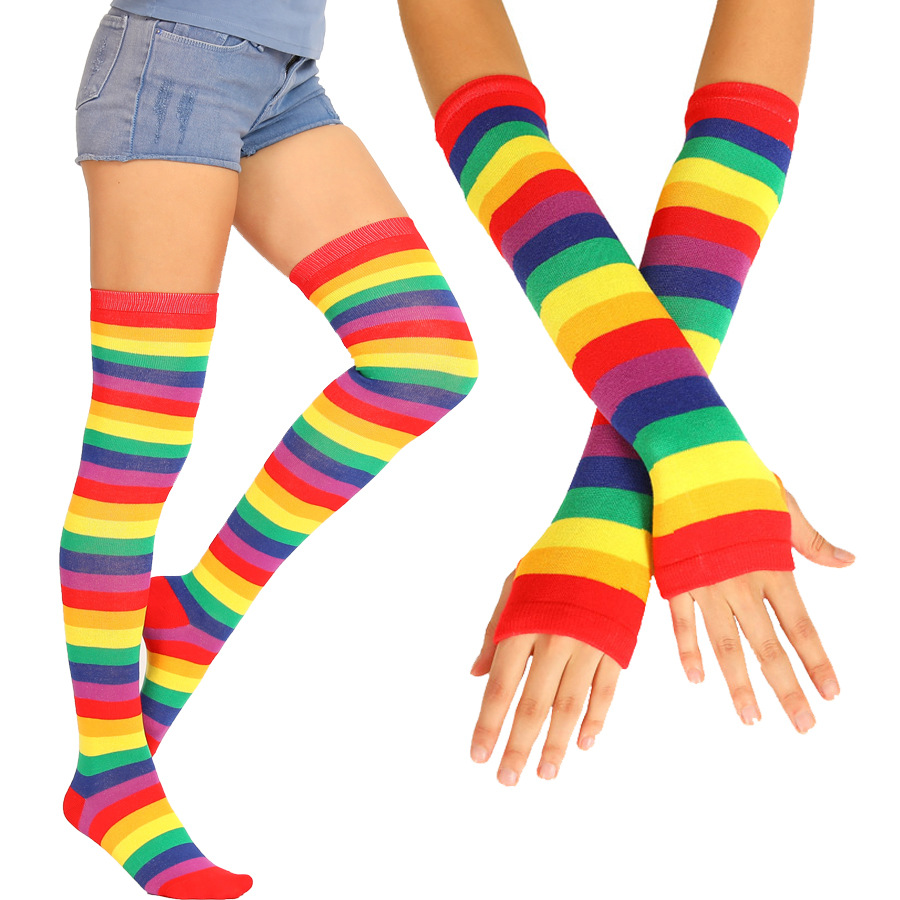 custom logo socks Womens Rainbow PRINTING Socks Striped Knee High Socks Arm Warmer Fingerless WEAR Set