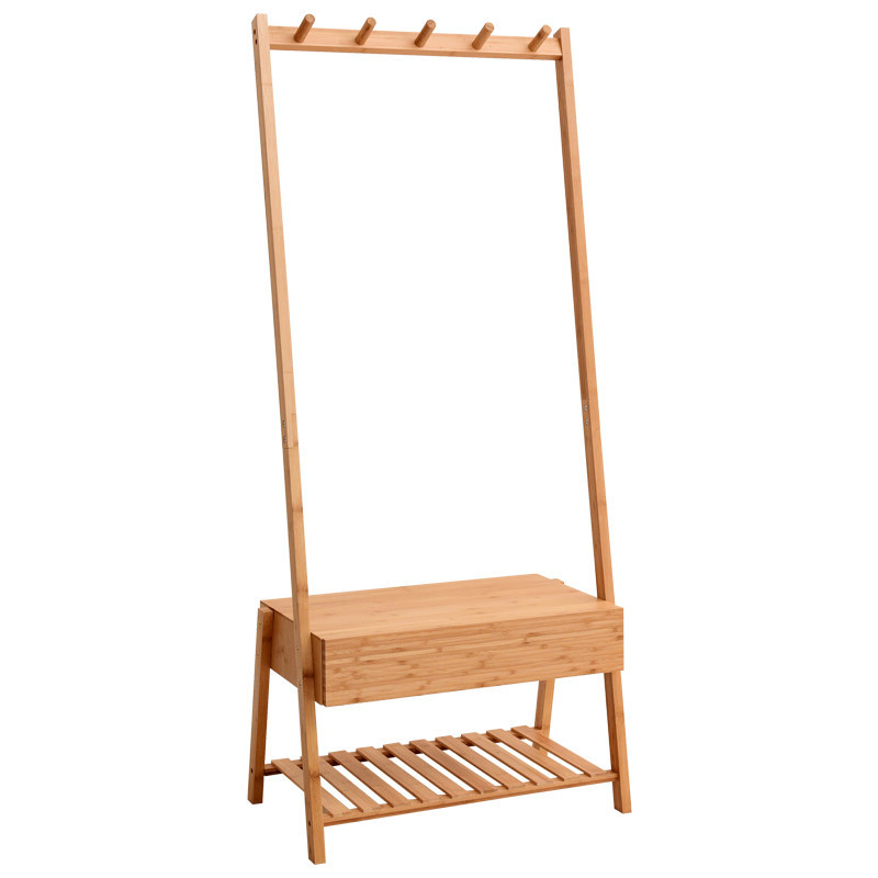 New Arrival Bamboo Wood Cloth Hanger Shoe Hat Display Rack & Stand with 5 Coat Hooks and Drawer