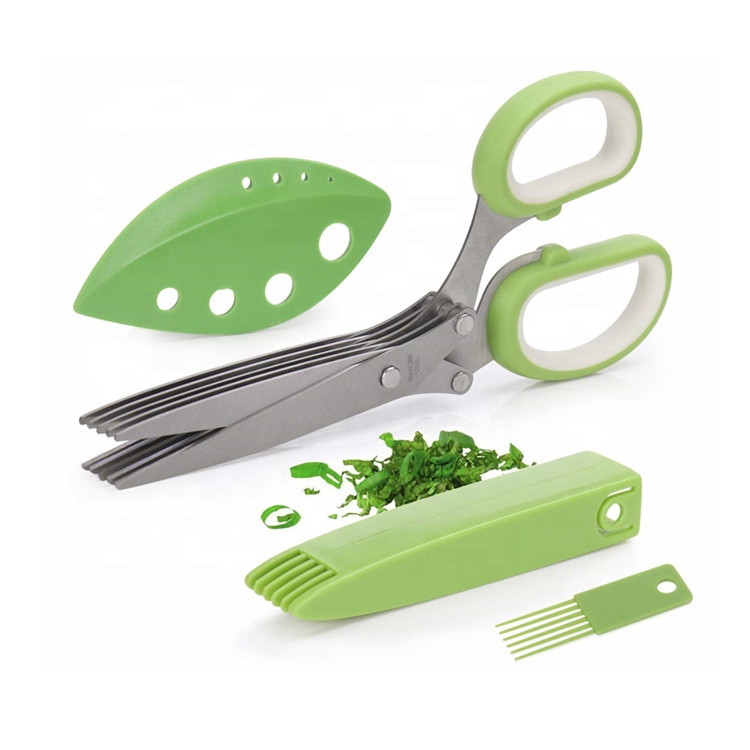 Multi-Function Home Kitchen Stainless Steel 5 Blade Scissors with Brush Herb Stripper Set Shears Vegetable Herb Scissors