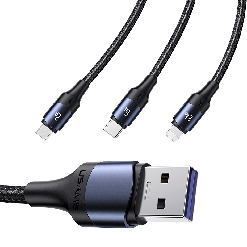 USAMS 3 in 1 USB Cables Wire Fast Charging Data Cable 3 IN 1 Cable Assemblies 6A Current