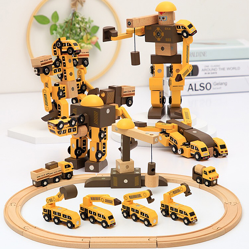 2021 Fun Children's Magnetic Variety Assembled Car Robot Toys DIY Track Engineering Small Train Set Wooden Slot Toy 48*34*9.5cm