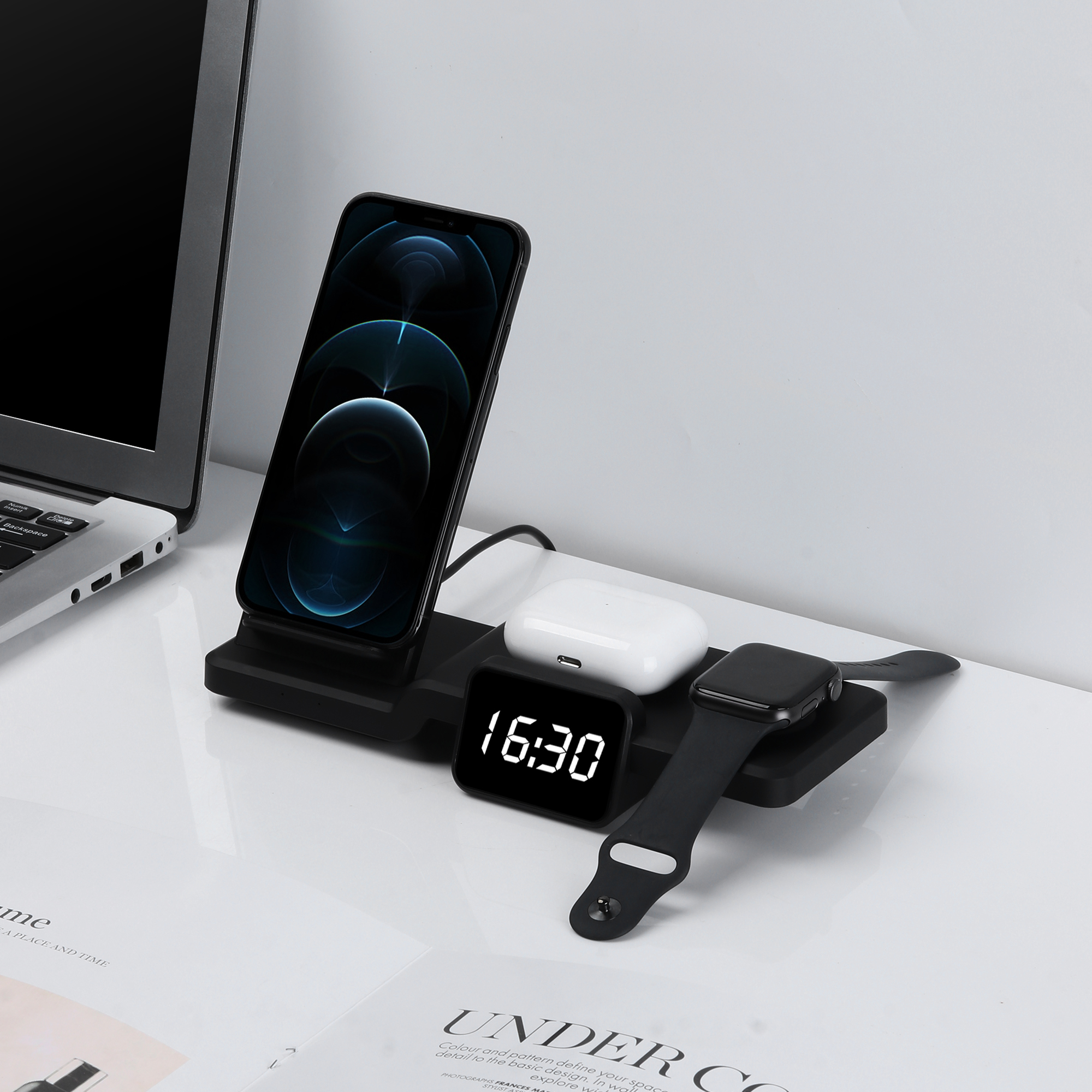 Новинка 2021, лидер продаж на Amazon, 5 в 1, Быстрое беспроводное зарядное устройство Qi со светодиодным цифровым дисплеем и будильником