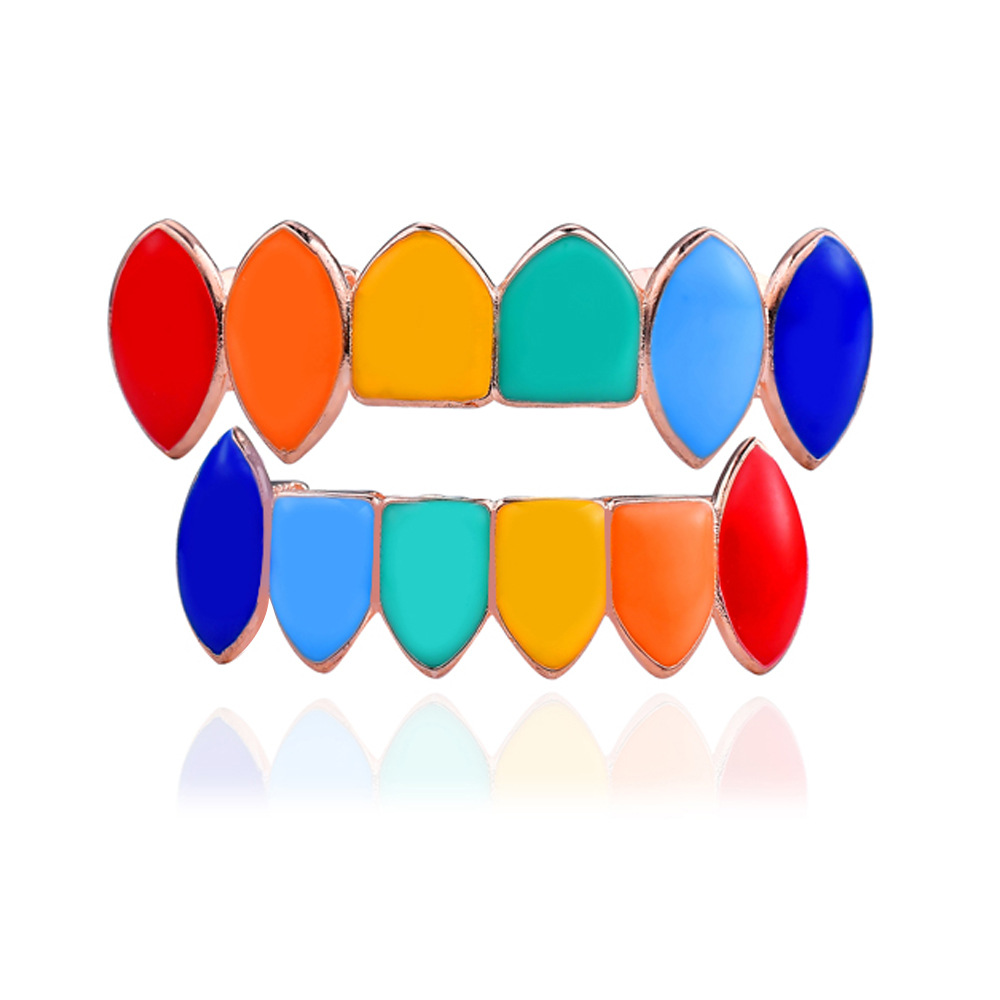 Rainbow glossy teeth grillz decorative jewelry custom hiphop tooth set vampire teeth gold seven color sharp teeth grillz