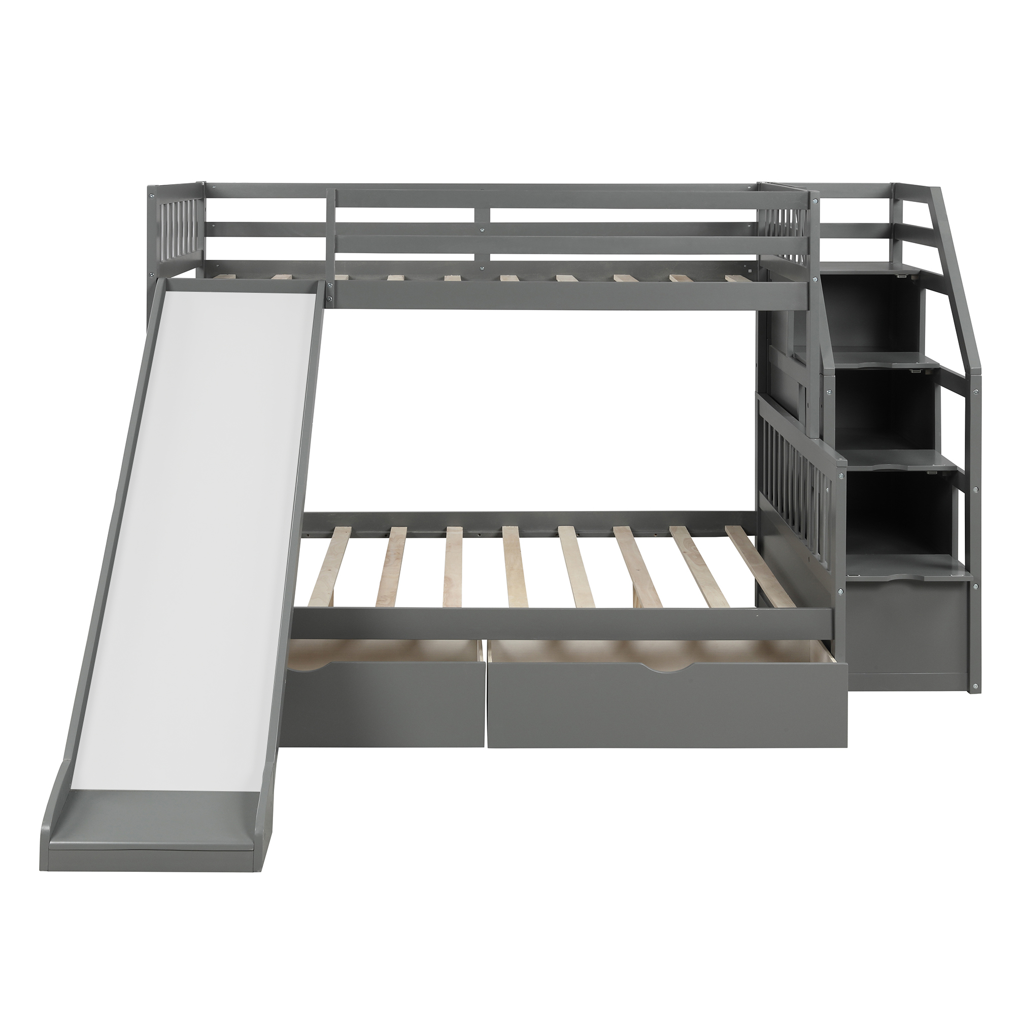 Twin Over Full Bunk Bed With Drawers,Storage and Slide, Multi-function, Gray(New)