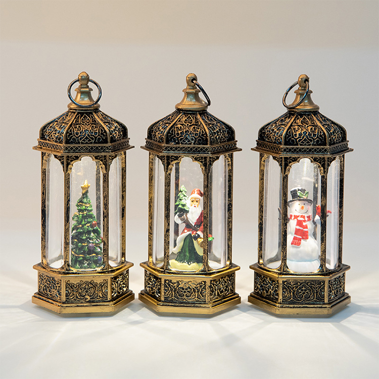 Christmas Decoration Light Small Hexagonal Santa Claus/Christmas Tree LED Light Christmas Gift Set Metal Glass Candle Lantern