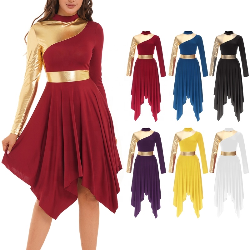 Women Dance Performance Costume Bodysuits For Women Contrast Color Patchwork Dress Long Sleeve Stage Dance Wear