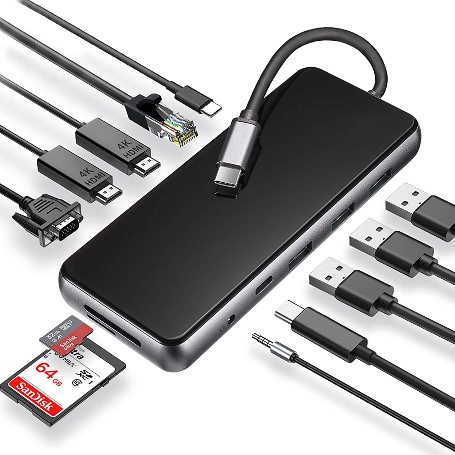 USB C Hub Laptop Docking Station 12 in 1 Triple Display USB C Adapter with Dual 4K HD MI,VGA,Ethernet,PD,3 USB 3.0,Type C Data