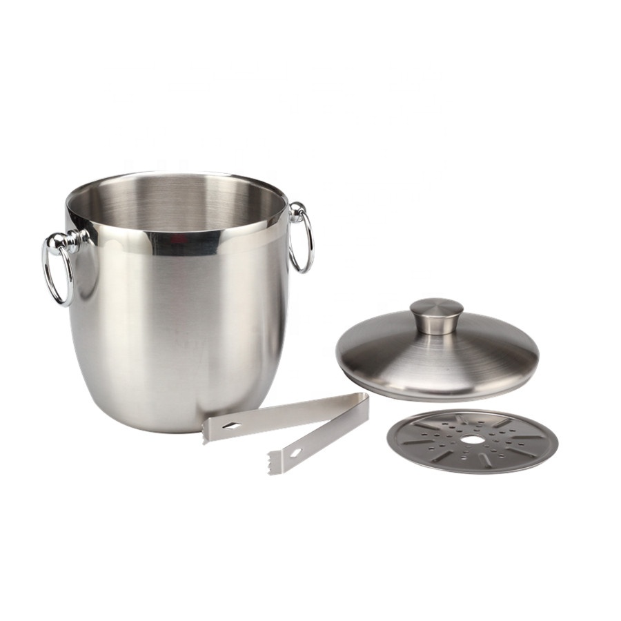 Home Stainless Steel Ice Bucket   Wine Chiller with Tongs   Lid - Double Wall Insulated  3 Liter - Silver