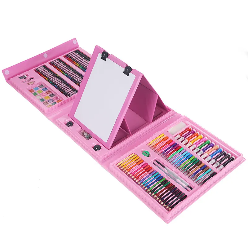 Non-Toxic Kids Plastic Case Watercolor Pen Colour Pencil 208 Pieces Art Drawing Set With Easel Kit
