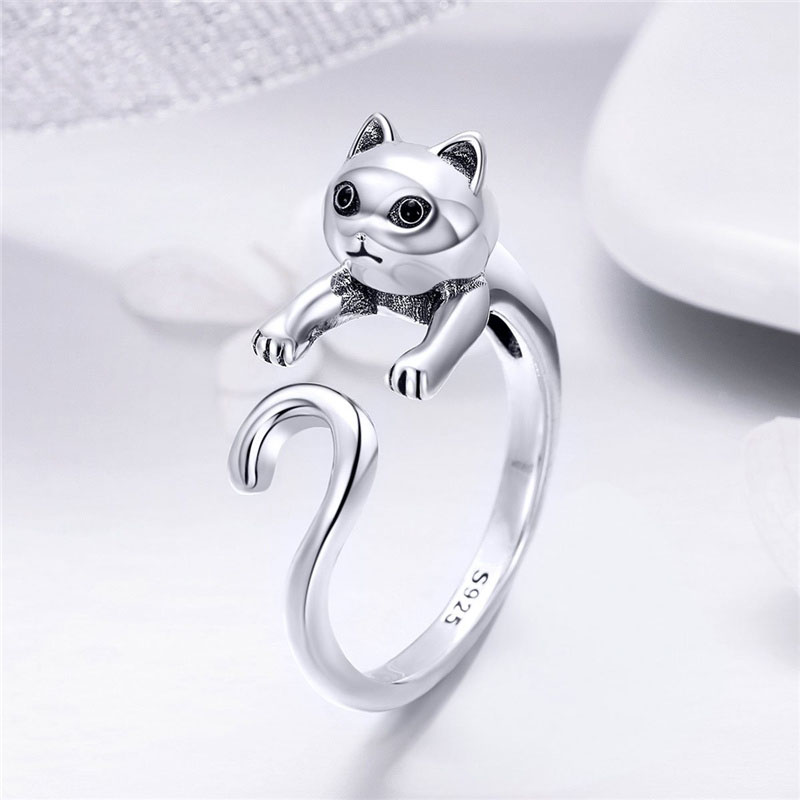 Fashion Jewelry Animal 925 Sterling Silver Naughty Cat Open Ring