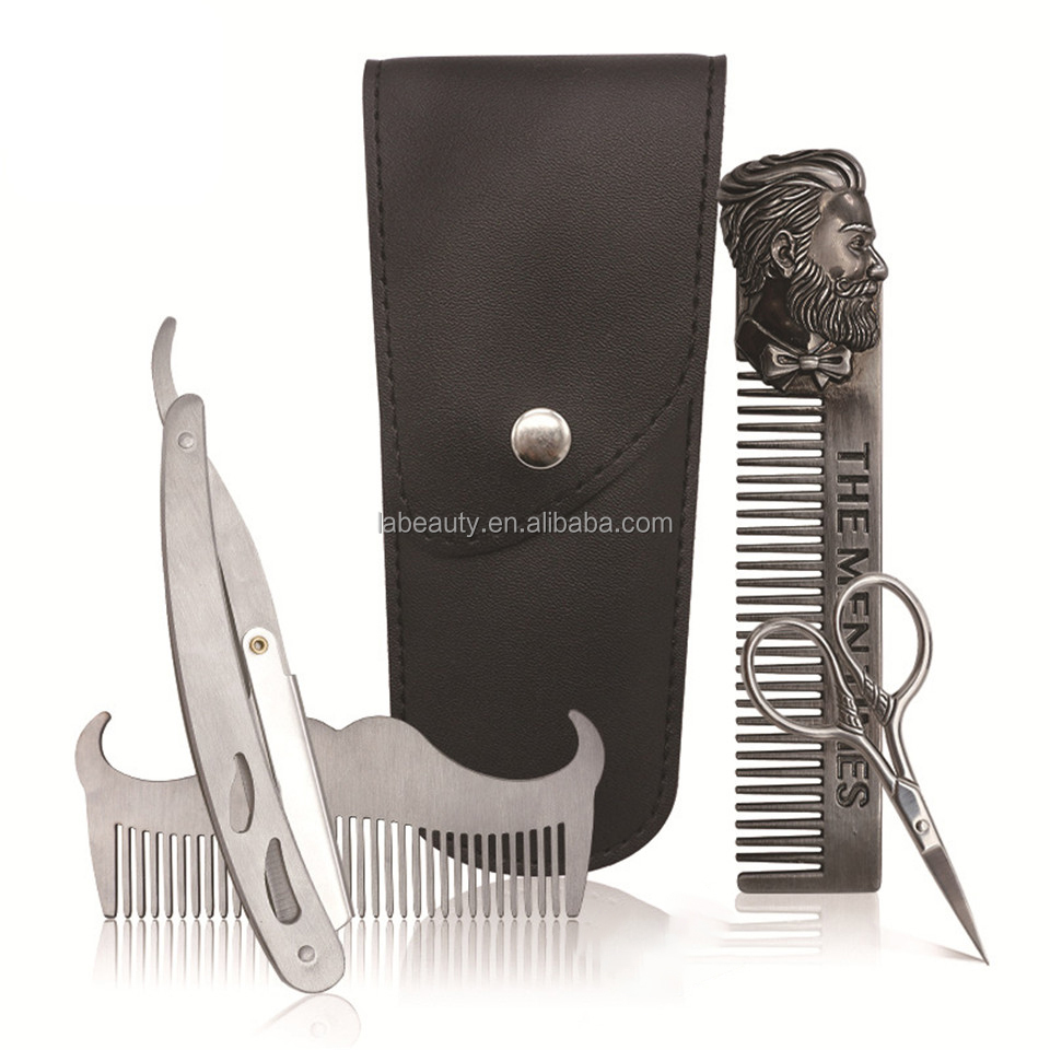 Mustache Grooming Scissors Folding Custom Wooden Beard Mustache Paddle Brush Comb Kit Beard Comb Wood Beard Care Kit With Bag