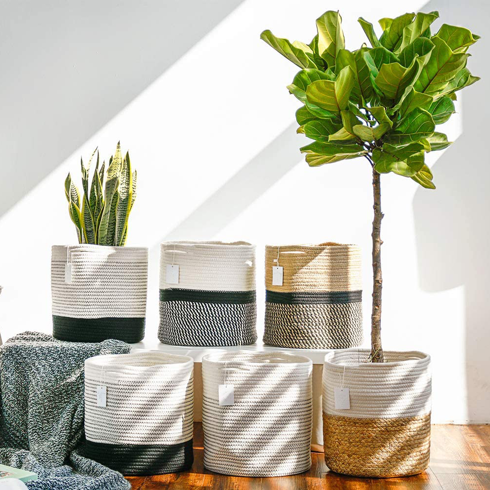 Wholesale Custom Size Color Home Decor Round Hand Made Toy Storage Cotton Rope Woven Jute Flower Plant Basket With Handles