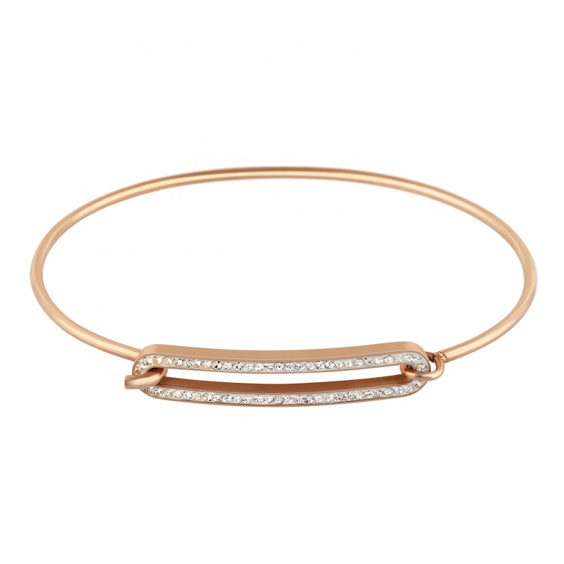 Stainless Steel Hook Clasp Open Rose Gold Cubic Zirconia Adjustable Bangle
