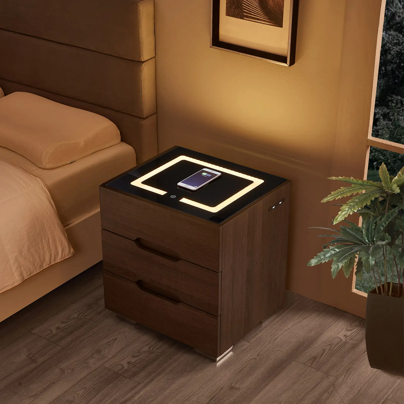 Modern End Side Tabler Nightstands Wireless Charging Station and LED Lights Nightstand Storage Cabinet for Bedroom