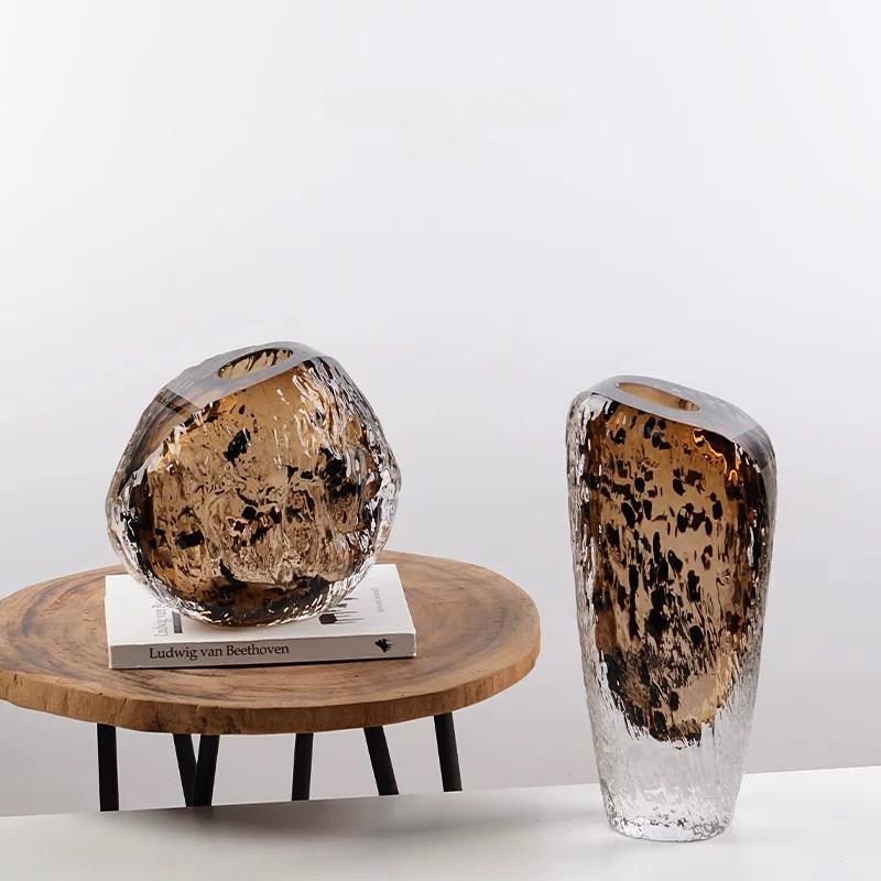 G322 Volcanic Stone Handmade Light Luxury Premium Feeling Wabi-silent Style High-end Liuli Vase Crystal Glass Art Flower Vase