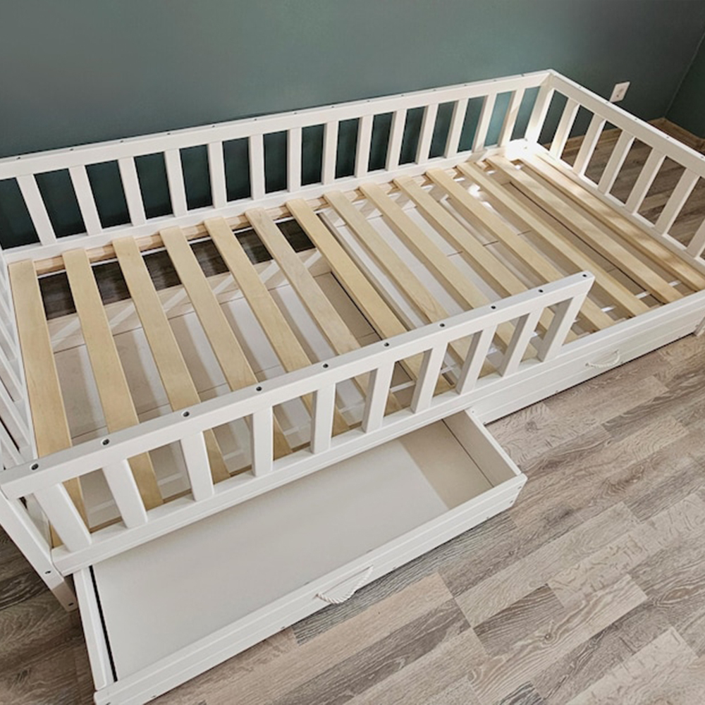 Eco-Friendly Wooden Floor Bed with Toddler Safety Rails & Storage Drawers Kids' Cribs-Kinderbett Bed Frame for Children