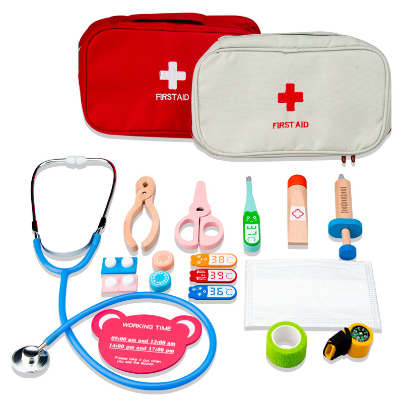 Safety Wooden Children Kids First Aid Medical Kits Emergency Medicine Kit Doctor Early Learning Pretend Doctor Play Set Toy