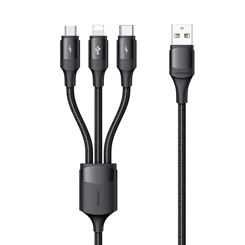USAMS Best Quality SJ515 Universal 3 in 1 Strong Aluminum Alloy Braided 3A Data Cable 1.2m