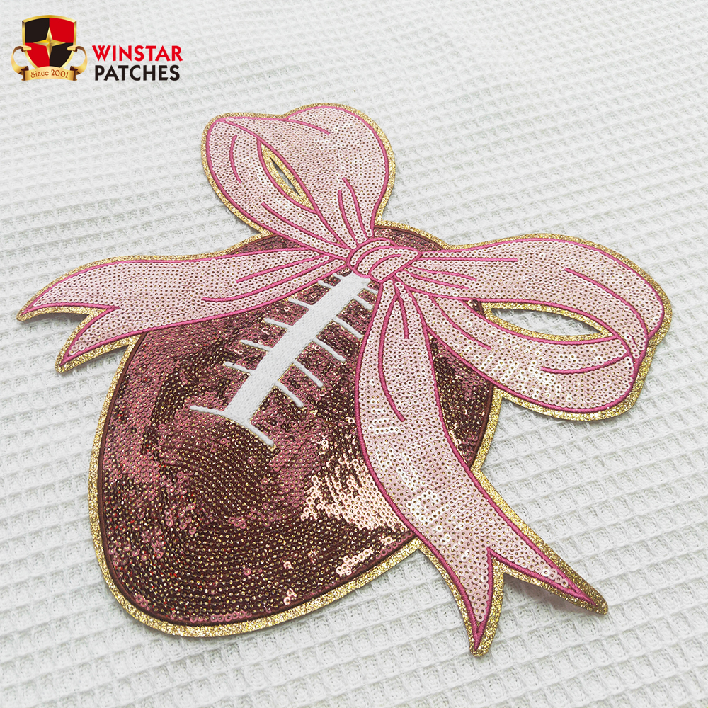 New Design football bow sequin patch Custom glitter sequin chenille Game day embroidery iron on patches for clothes
