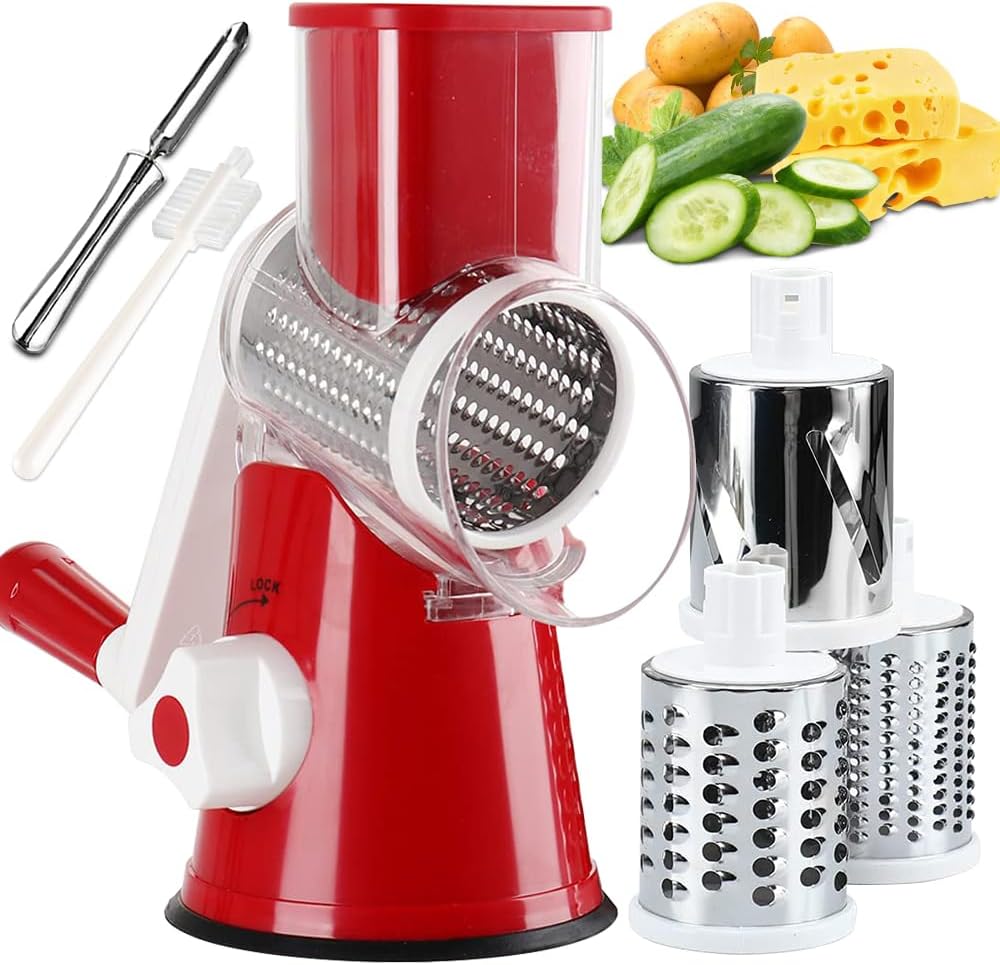 kitchen gadgets , Round Mandolin Slicer with Handle and 3 Drum Blades, Kitchen Manual Vegetable Slicer Nuts Grinder