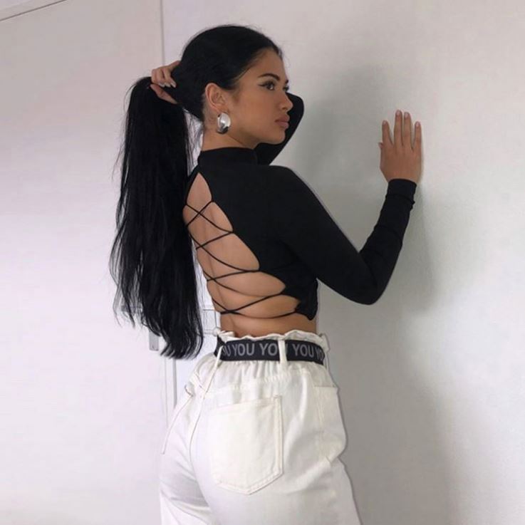 Fashion Sexy Black Backless Ladies Tops Halter Long Sleeve Fall Tops For Women T1155