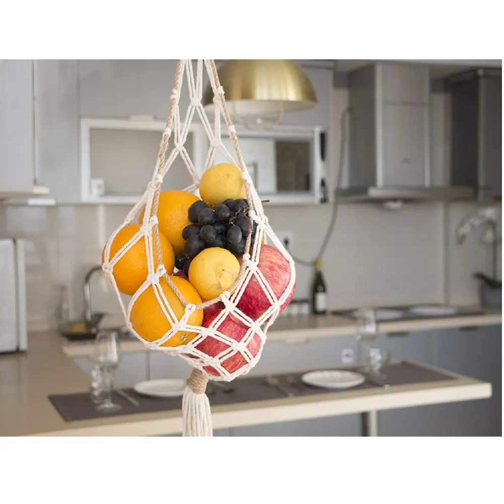 Macrame Hangers Ideal for Kitchen Decor Boho Hanging Basket Handwoven Cotton Basket Storage Macrame Hangers Holder Fruit Basket