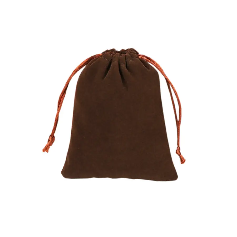 Soft plush custom private label small gift brown velvet drawstring jewelry pouch bag with ribbon