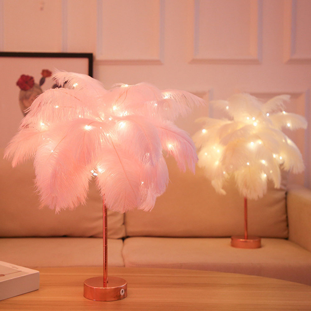 Luxury new feather table lamp living room bedroom bedside white feather lamp