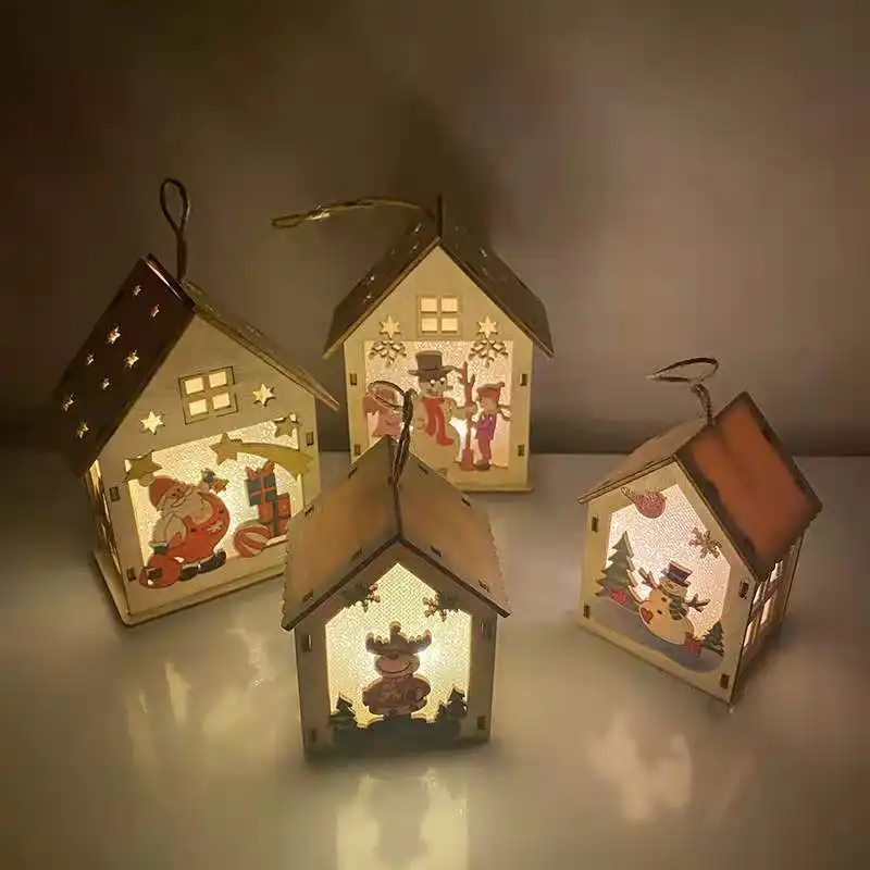 Miniature Christmas Colorful LED Light Wooden House Village Ornaments cardboard Xmas Decorations for Christmas Tree and Rooms