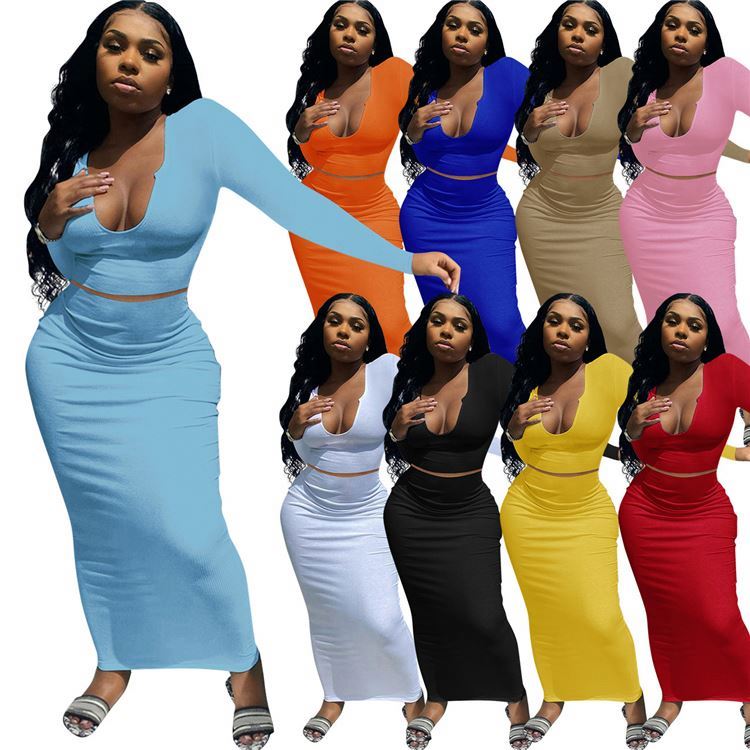 Best Seller Pure Color U Neck Long Sleeve 2021 Wholesale 2 Piece Set Women Clothing two piece skirt set