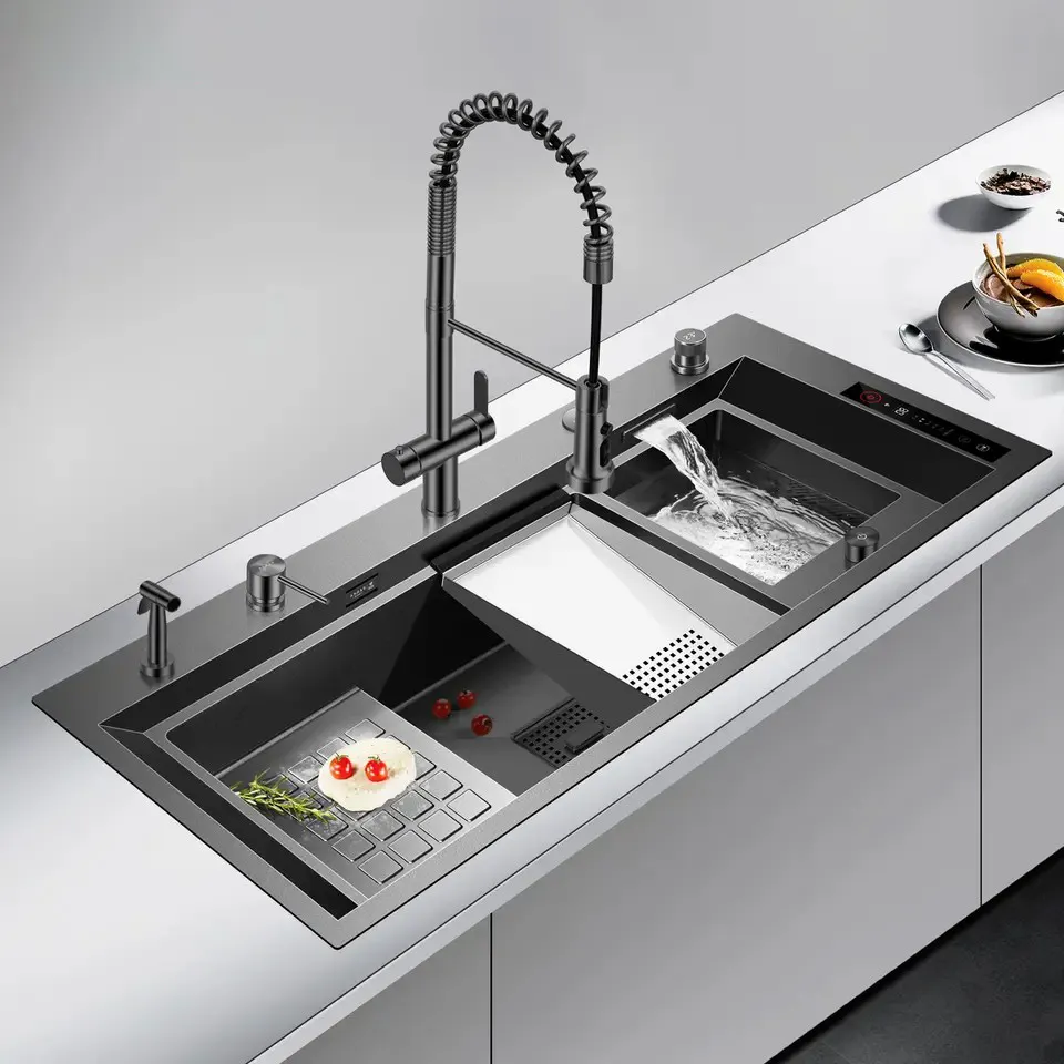New Techology Model Multi Function Smart Kitchen Sink ss304 Nano Black Double Basin Hydro Purification Kitchen Handmade Sink