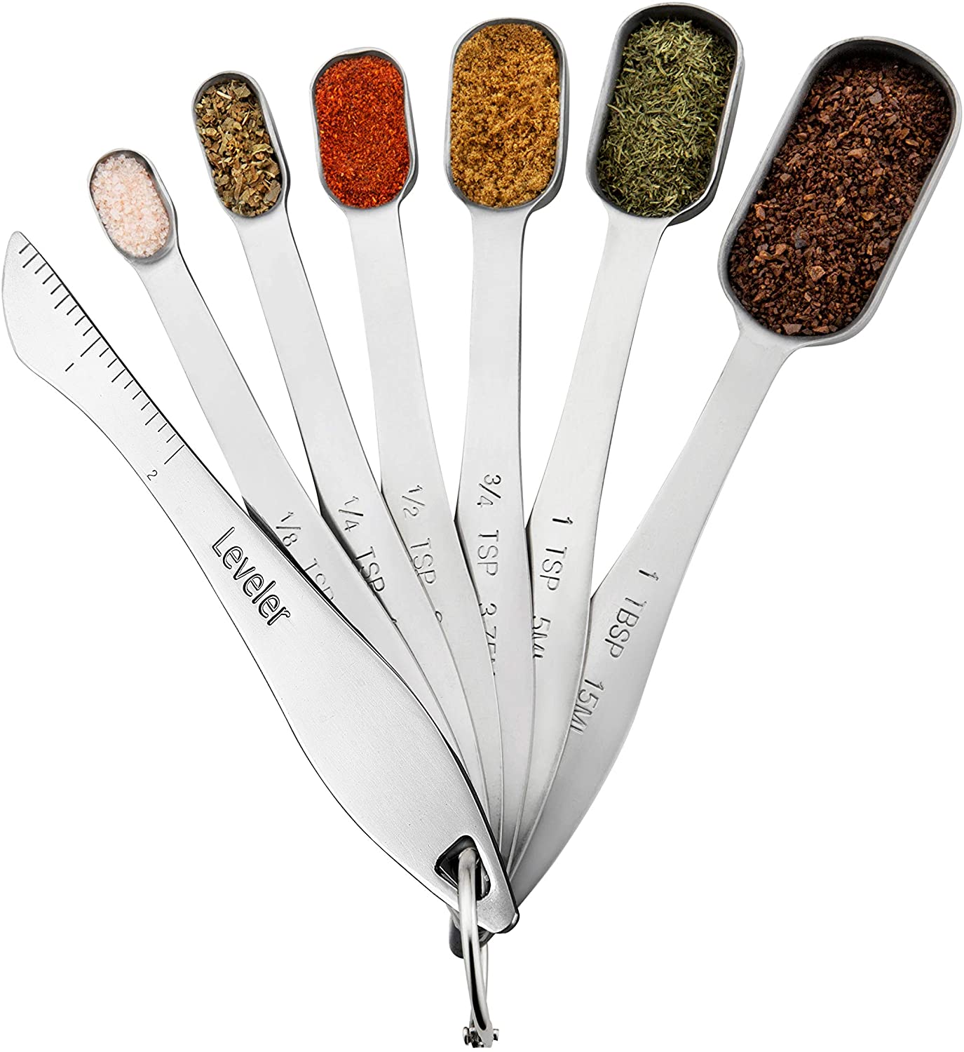 Heavy Duty Stainless Steel Metal Measuring Spoons for Dry or Liquid Fits in Spice Jar Set of 6 with bonus Leveler