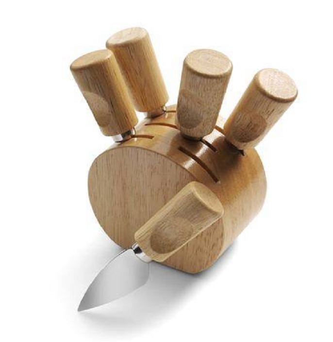 High Quality 6 pcs Cheese Knives Set with Rubber Wood Holder